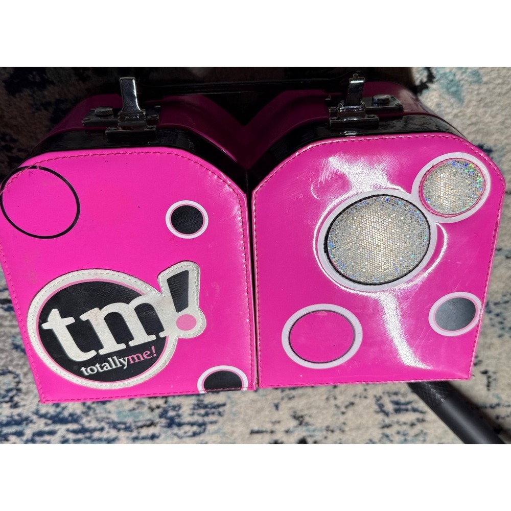 Vintage Pink Black Heart Shaped Makeup Train Case Vanity Mirror Box Y2K Storage